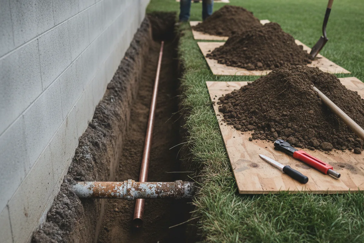 Excavated water line trench during Water Softener Installation in Delphia